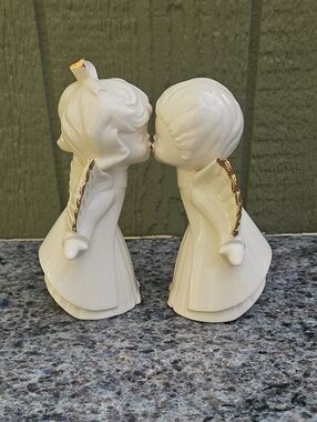 Kissing Angel Couple Figurines in White with Gold Accents